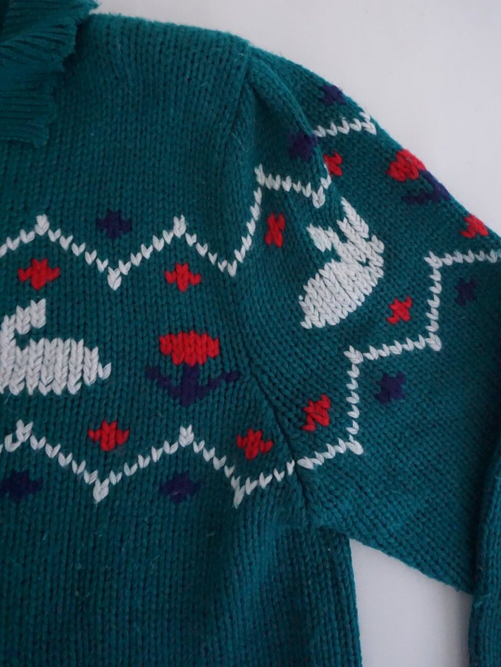 Vintage Bryn Connelly Green Bunny 15% Wool Fair Isle Knit Collared Sweater L - Picture 8 of 10